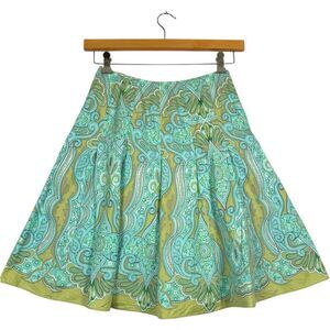 Vintage Talbots Green Paisley A line Skirt  Cotton Pleated Artsy Academia Small